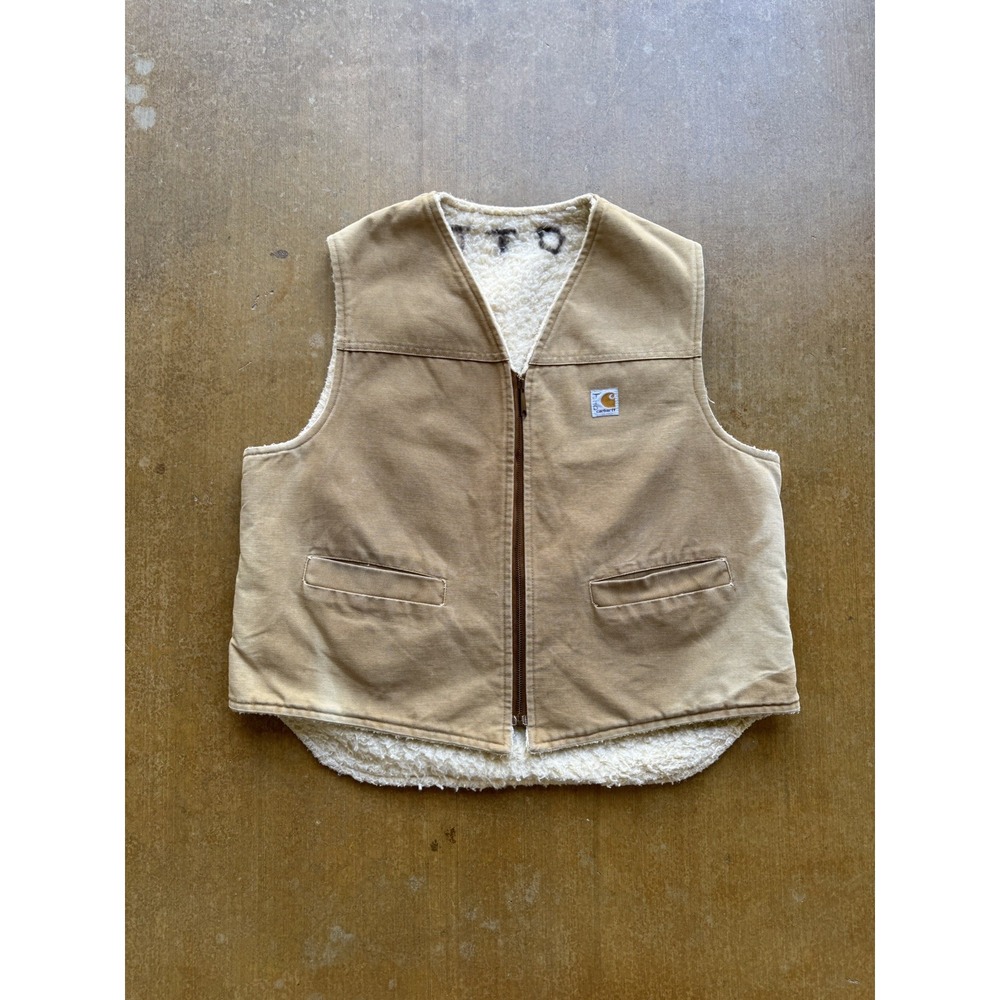 VTG 80s Carhartt Fleece Lined Duck Canvas Work Zip Up Vest Sun Faded (L)